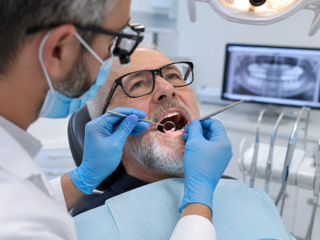 Dentist examining an old dental filling or crown during a checkup
