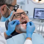 Dentist examining an old dental filling or crown during a checkup