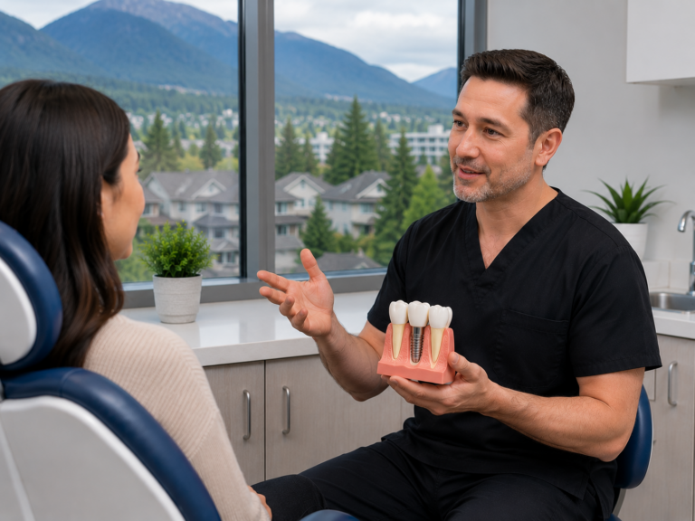 Dentist explaining dental implant treatment options to a patient in Port Coquitlam