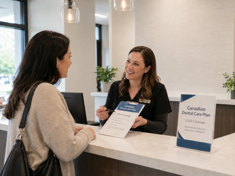Patient asking about Canadian Dental Care Plan coverage at New Beam Dental in Port Coquitlam